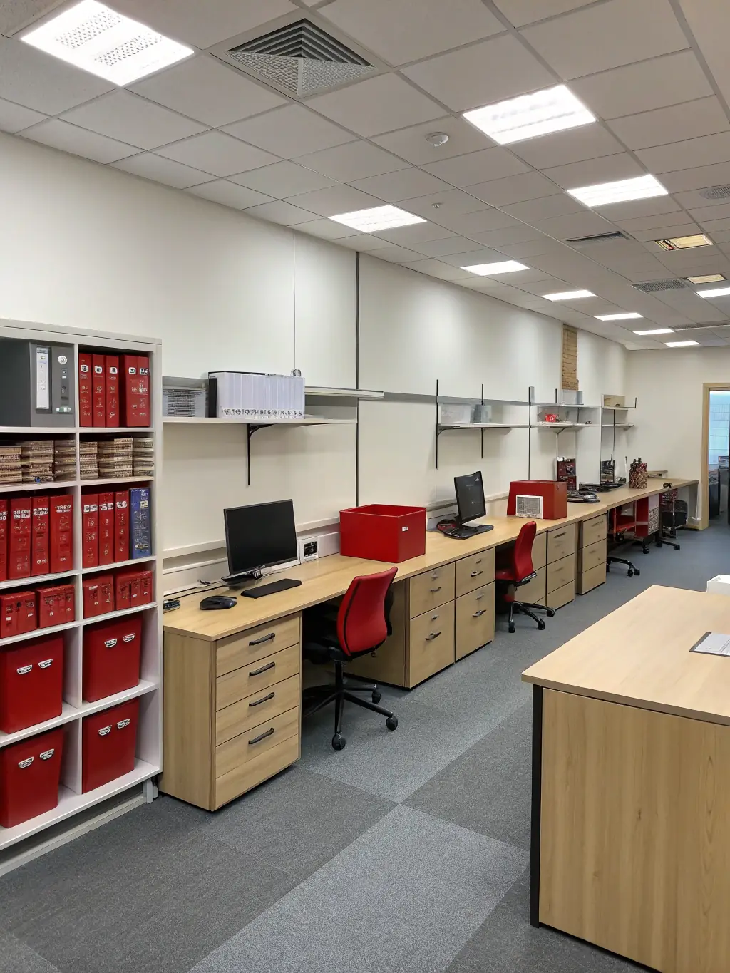A professional photograph of a recently renovated office space, showcasing modern desks, ergonomic chairs, and efficient lighting, emphasizing functionality and aesthetics.