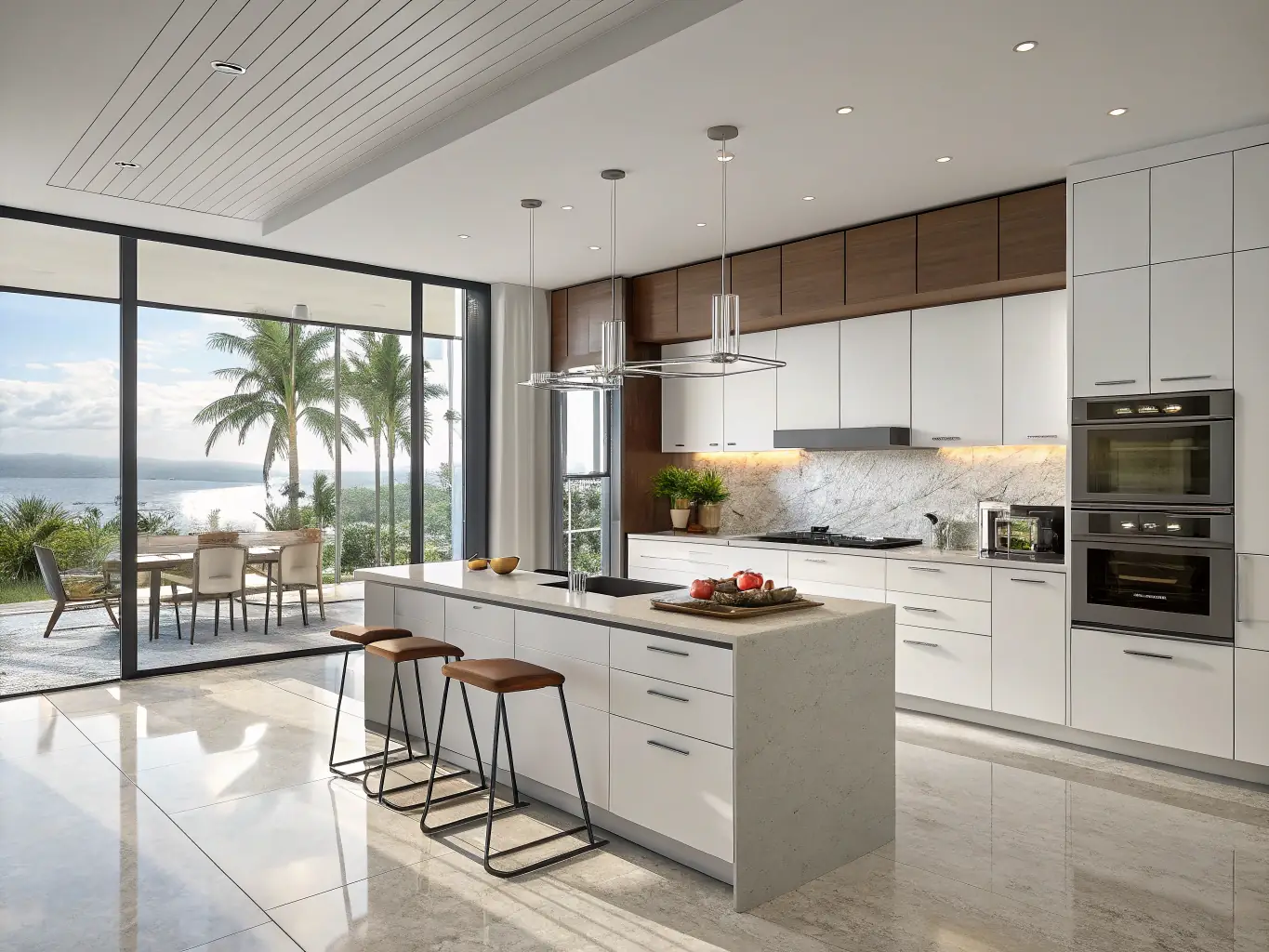 A modern kitchen renovation with new cabinets, countertops, and lighting, showcasing CLU Services LLC's residential renovation capabilities.